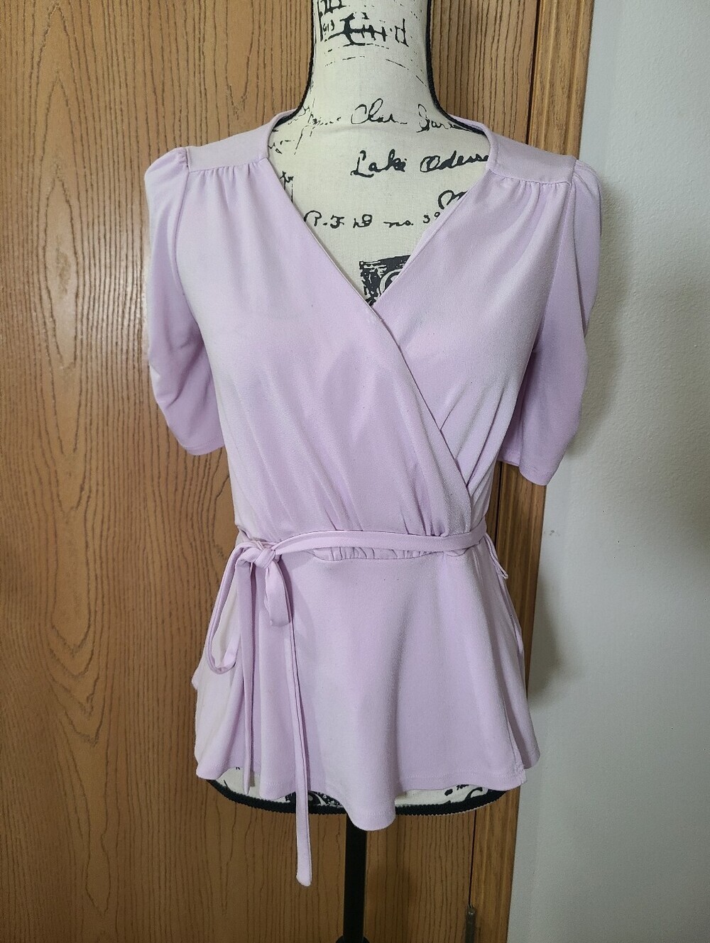 Express Pastel Lavender V-neck Ruched Cap Sleeve Wrap Belt Top